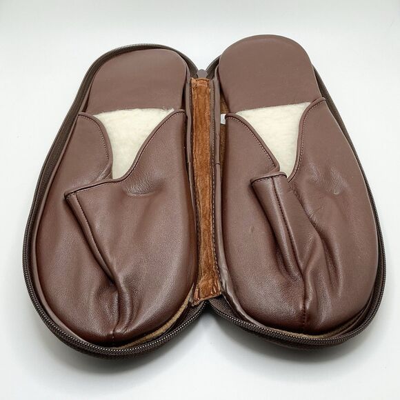 Vintage Leather Sherpa Lined Travel Slippers | Men\'s Large | Zippered Case main image 6